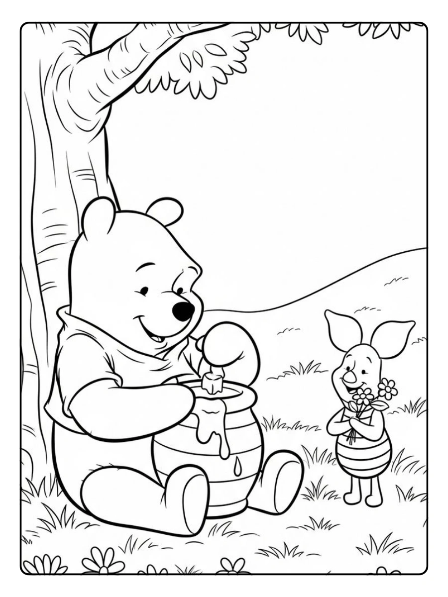 Coloriage Disney Winnie l’Ourson avec pot de miel