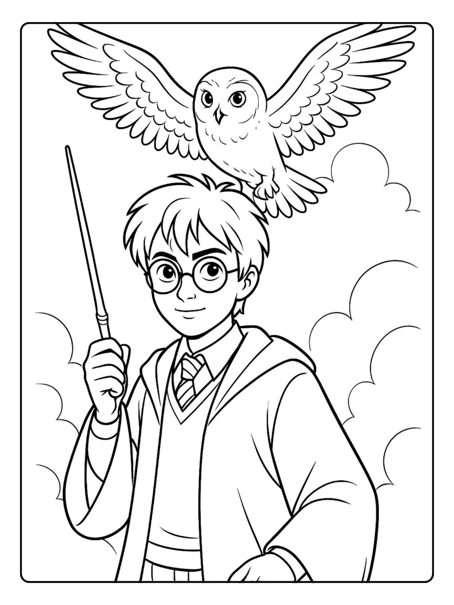 Coloriage Harry Potter kawaii avec baguette