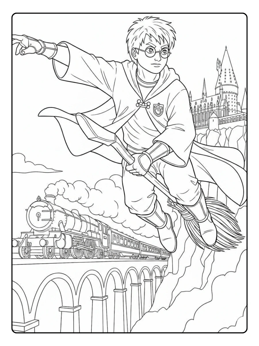 Coloriage Harry Potter kawaii avec balai