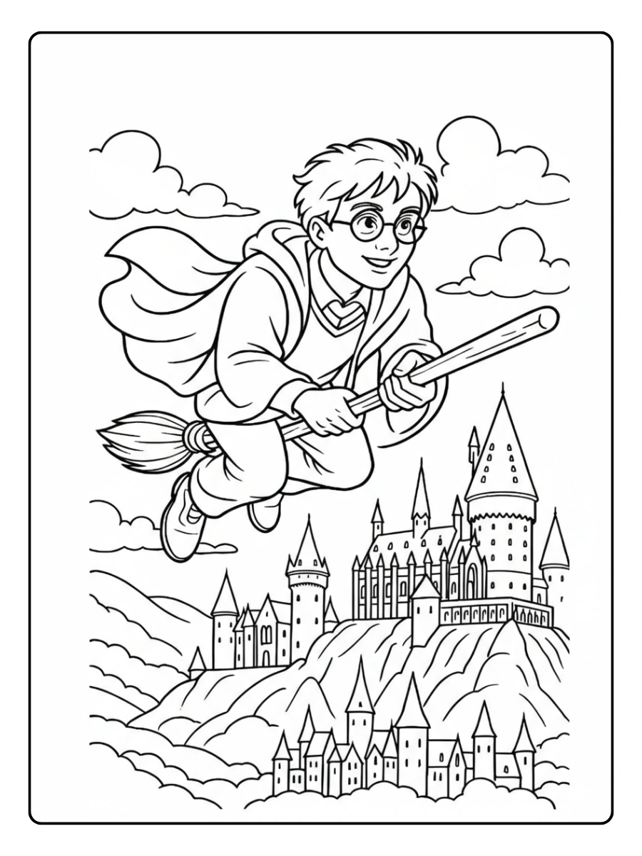Coloriage Harry Potter kawaii en vol