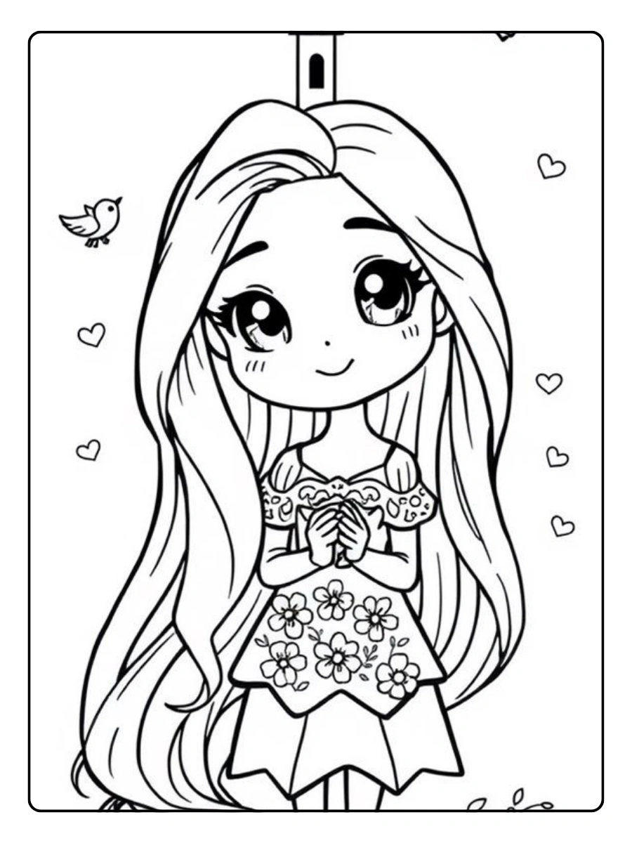 Coloriage Raiponce avec cheveux longs