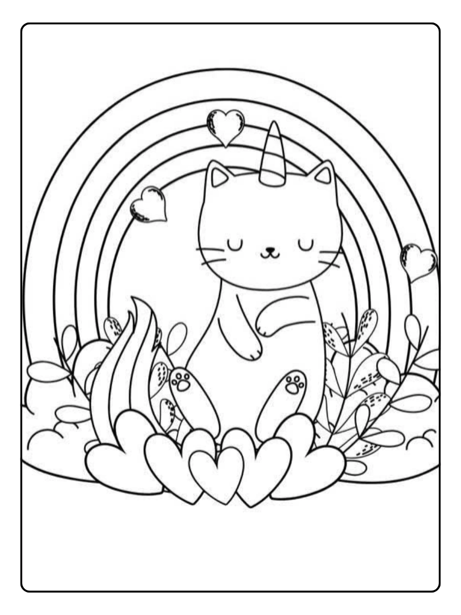 Coloriage chat licorne avec arc en ciel