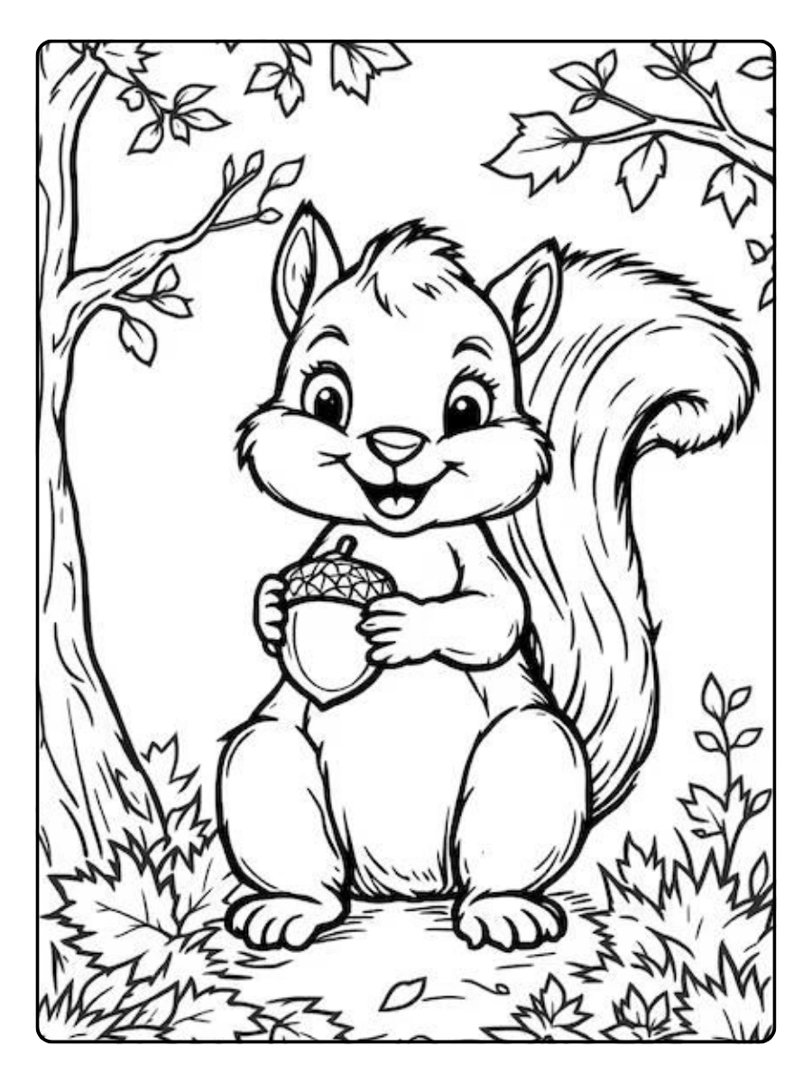 Coloriage écureuil dans la forêt