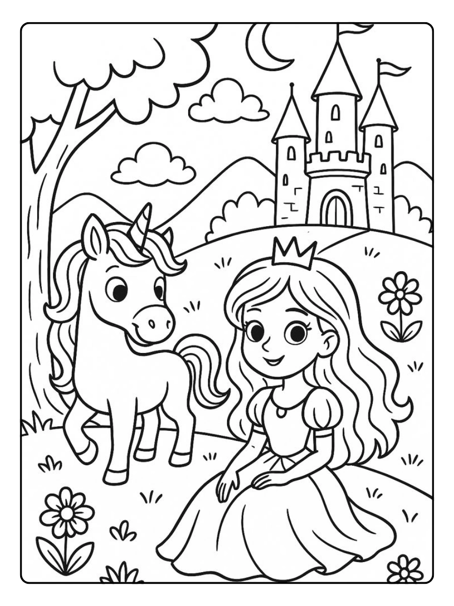 Coloriage licorne princesse avec château