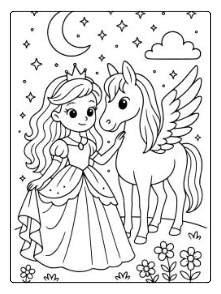 Coloriage licorne princesse avec étoiles