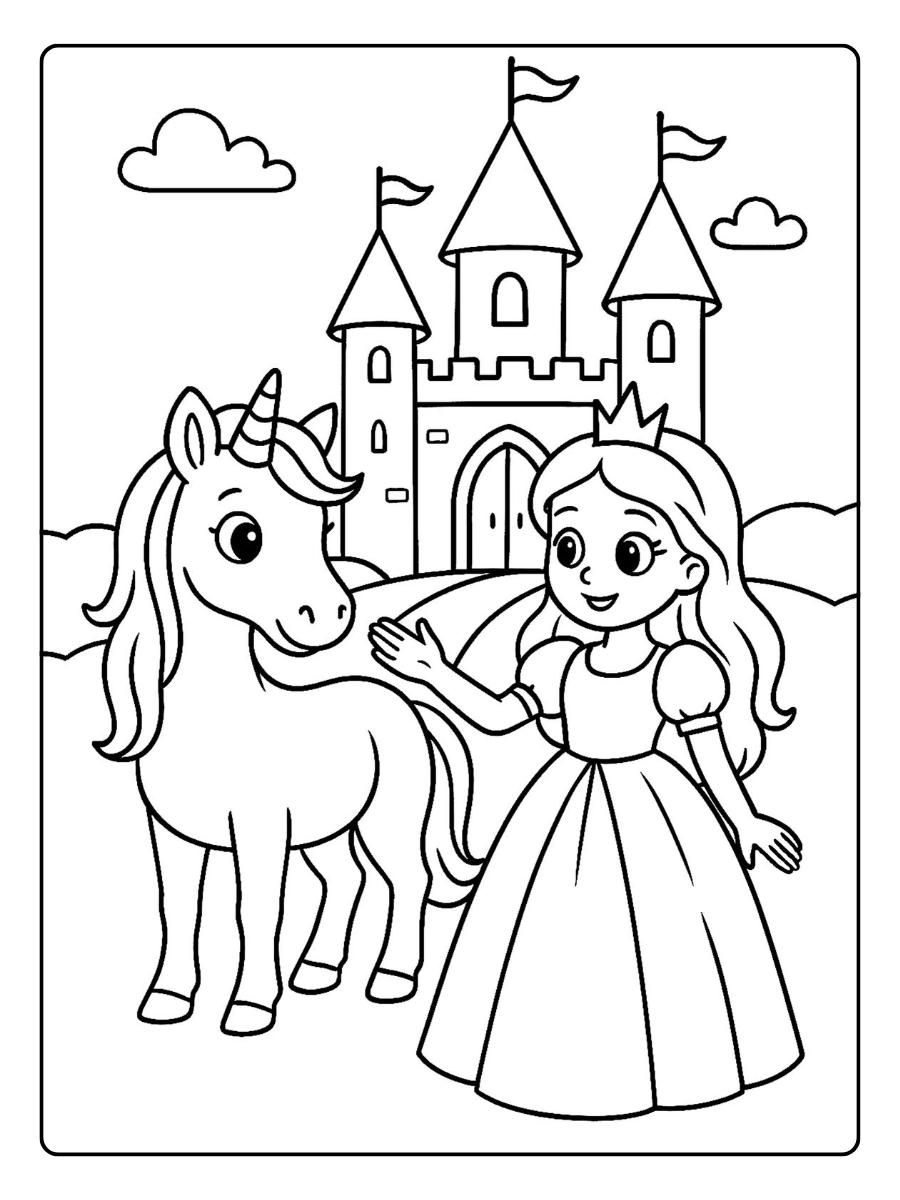 Coloriage licorne princesse dans le royaume