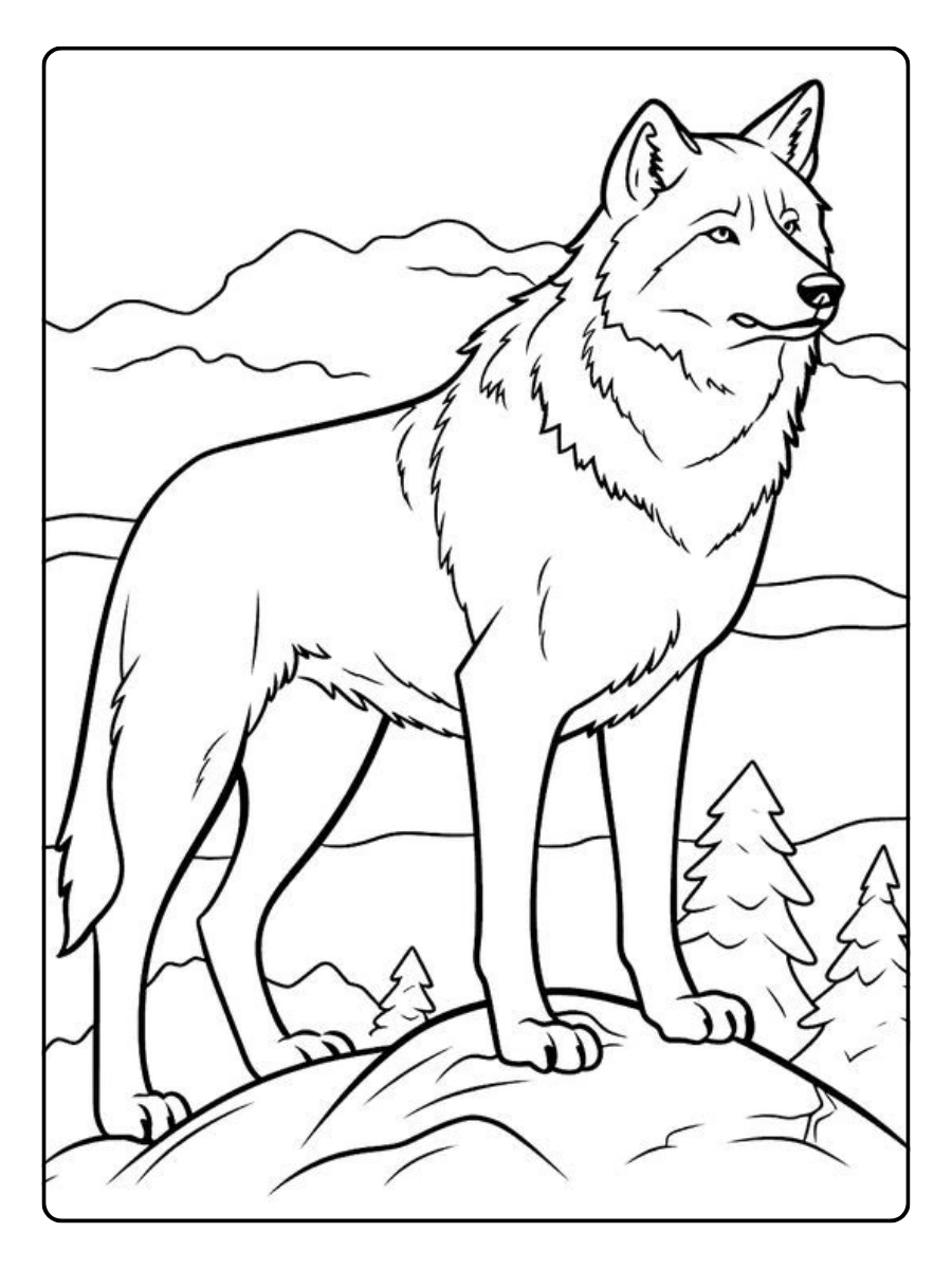 Coloriage loup avec montagnes en arrière plan