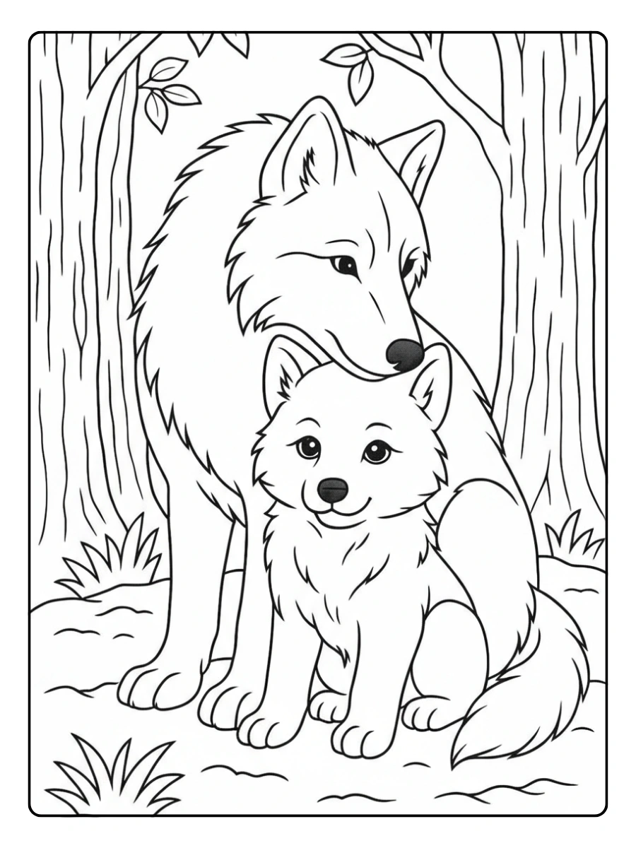 Coloriage loup en hiver avec neige à colorier