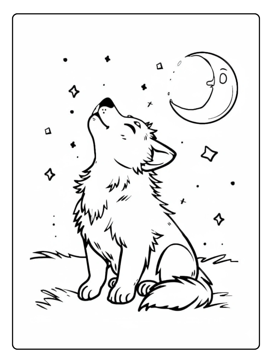 Coloriage loup qui hurle à la lune version détaillée