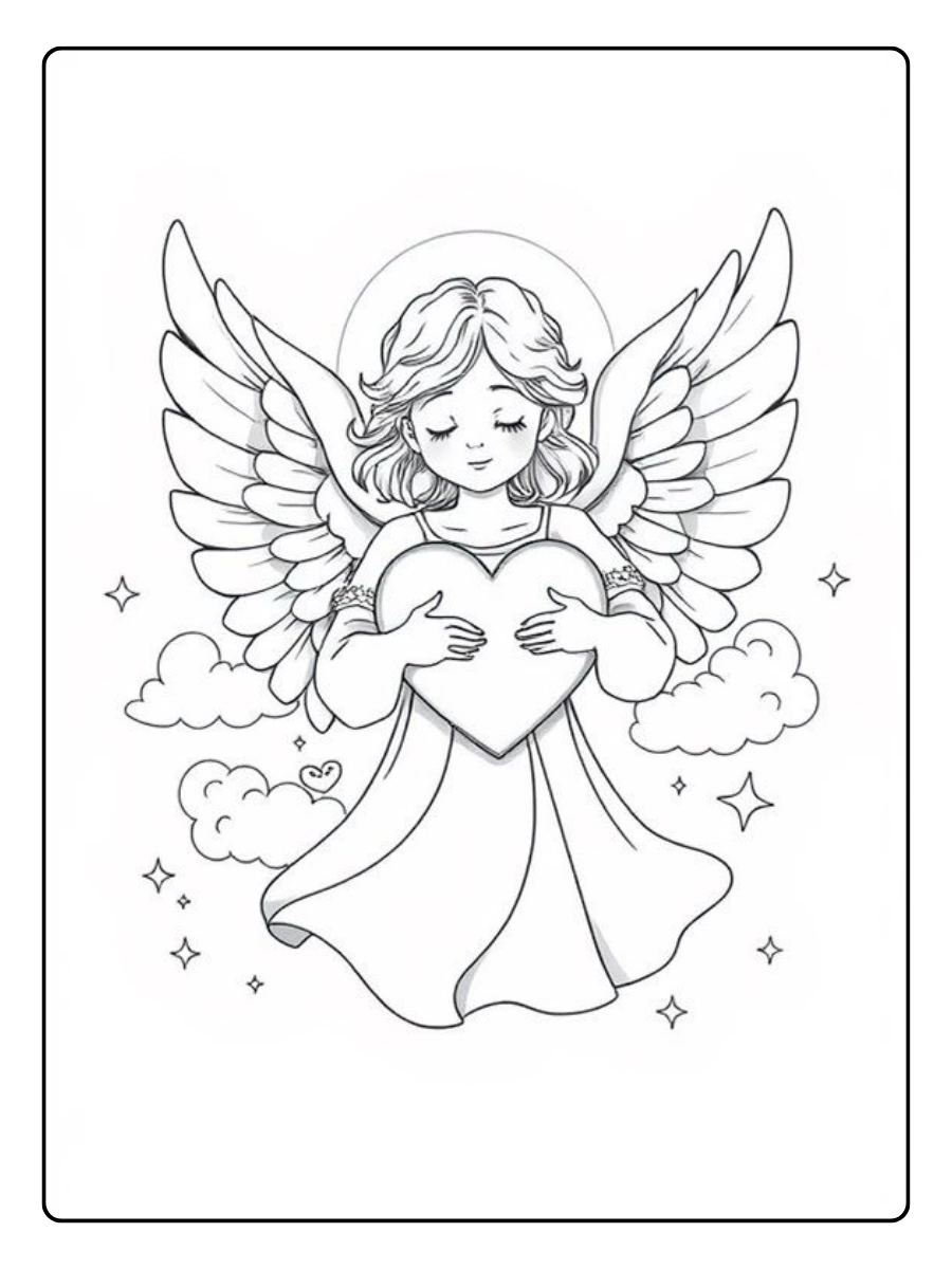 Ange amoureux avec cœur coloriage