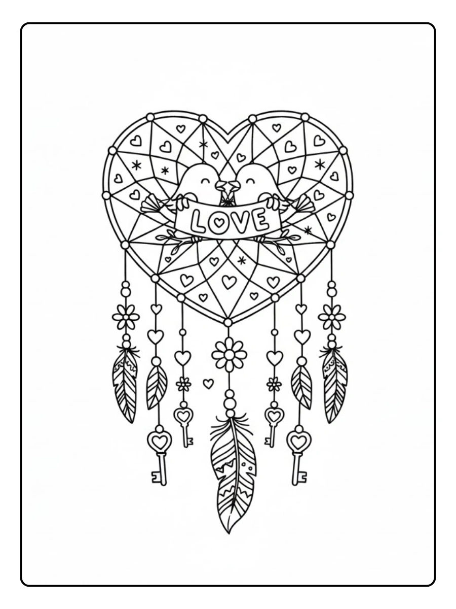 Attrape rêve amour et plumes coloriage