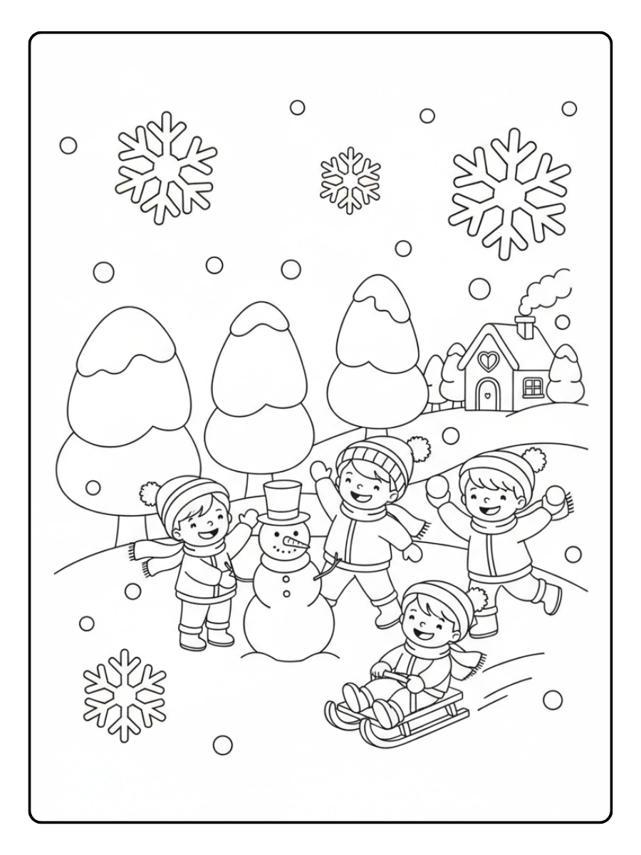 Coloriage Février Enfants en Hiver
