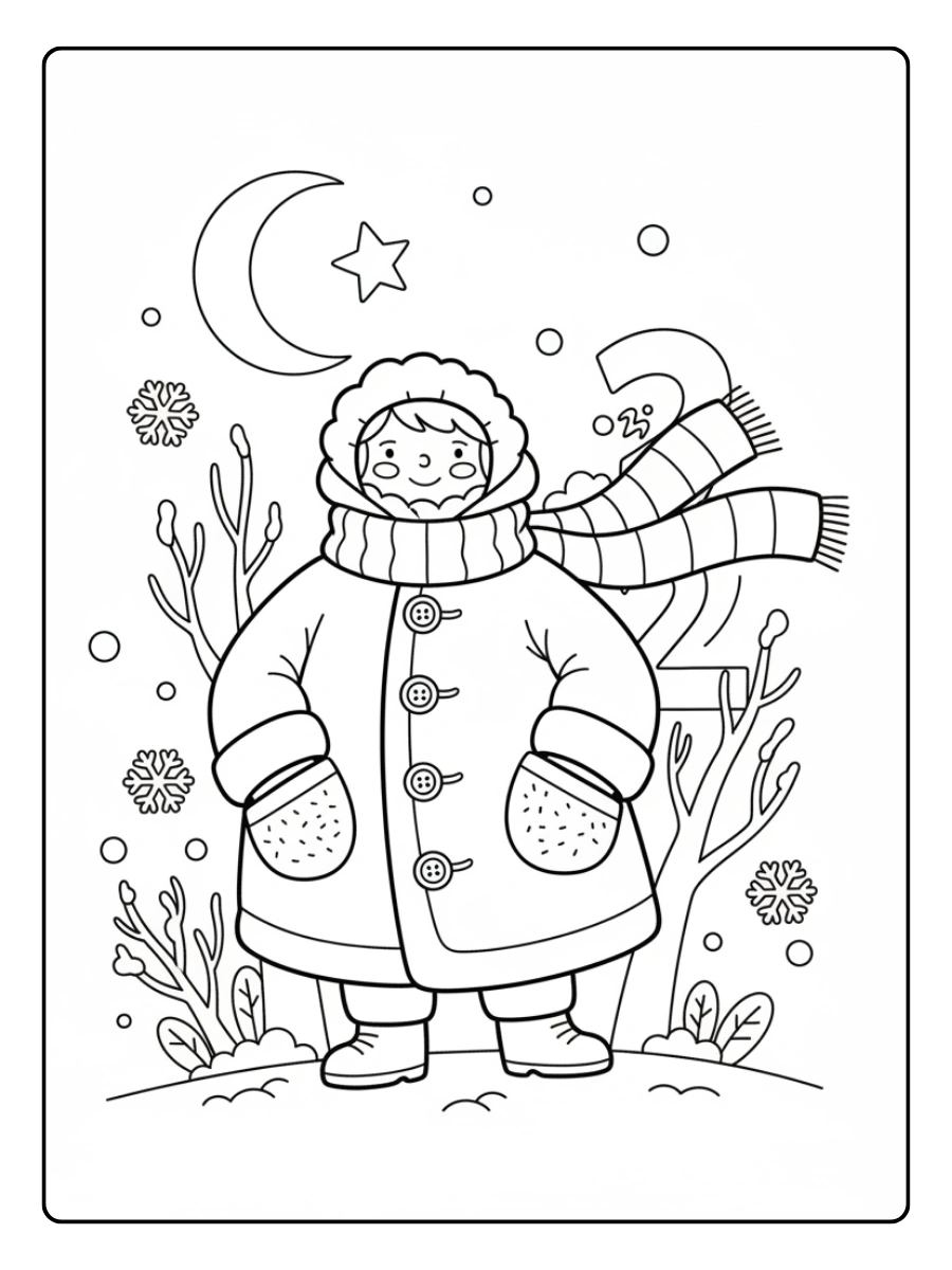 Coloriage Février Manteau et Écharpe