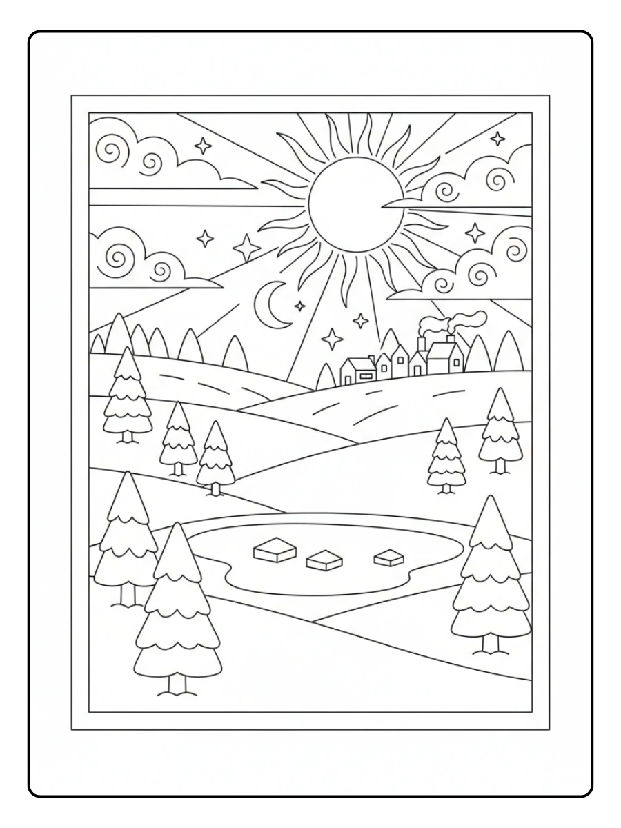 Coloriage Février Paysage d’Hiver