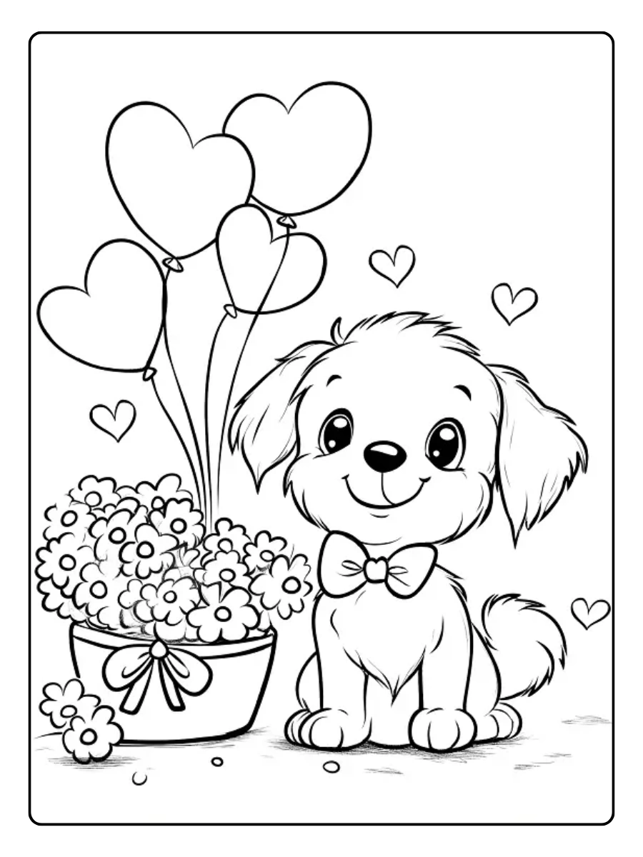 Coloriage chiot et ballons cœur Saint Valentin