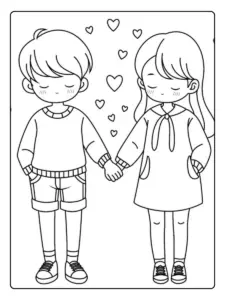Couple amoureux et cœurs coloriage