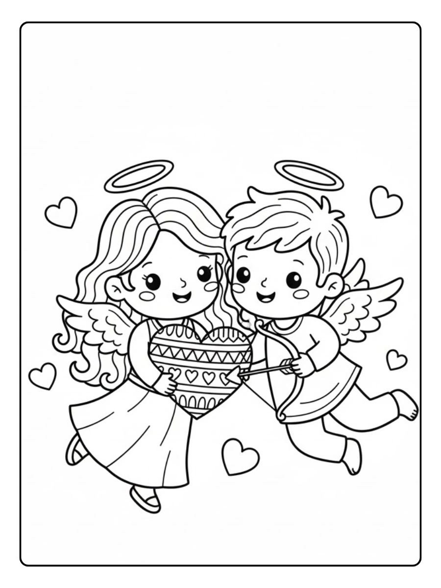 Dessin ange romantique Saint Valentin à colorier