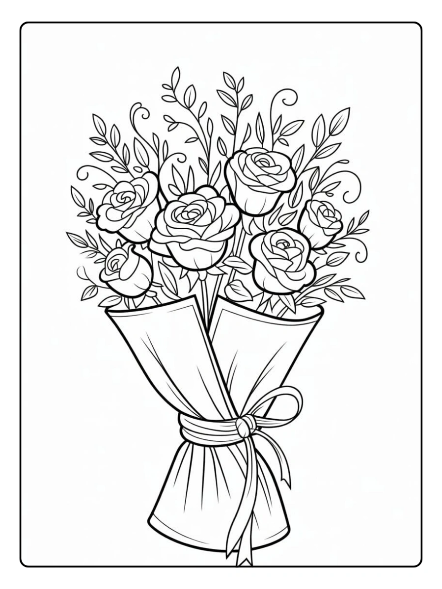 Dessin bouquet de fleurs Saint Valentin à colorier