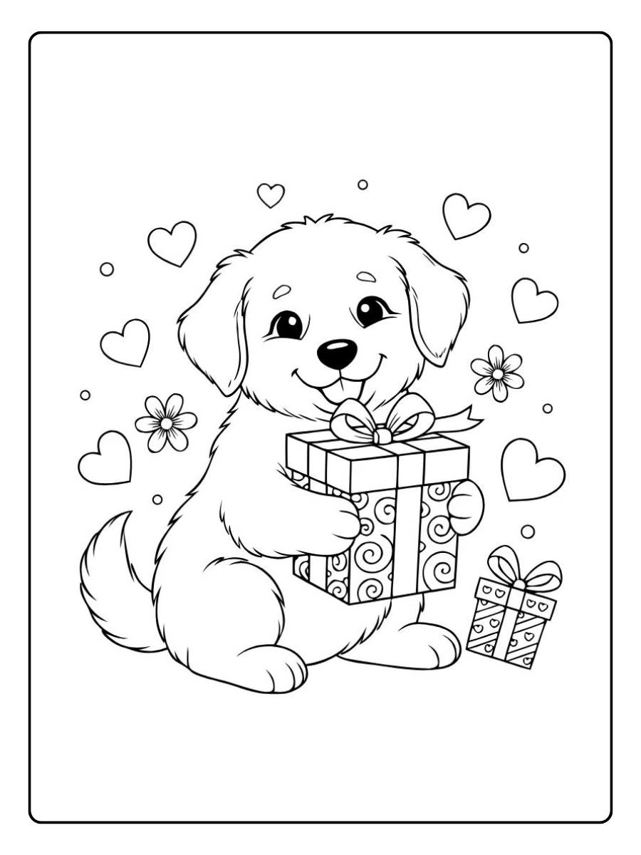 Coloriage chiot avec cœur Saint Valentin