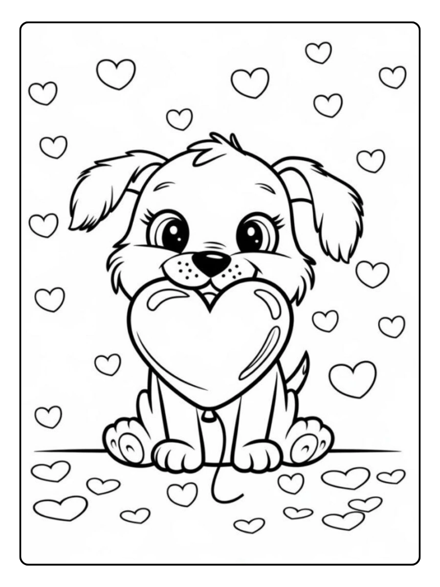 Coloriage chiot tenant un cœur