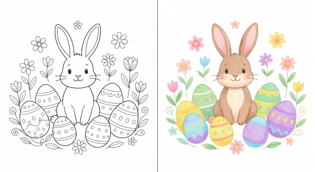 Illustration de coloriage de Pâques avec œufs, lapins et motifs floraux équilibrés