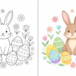 Illustration de coloriage de Pâques avec œufs, lapins et motifs floraux équilibrés