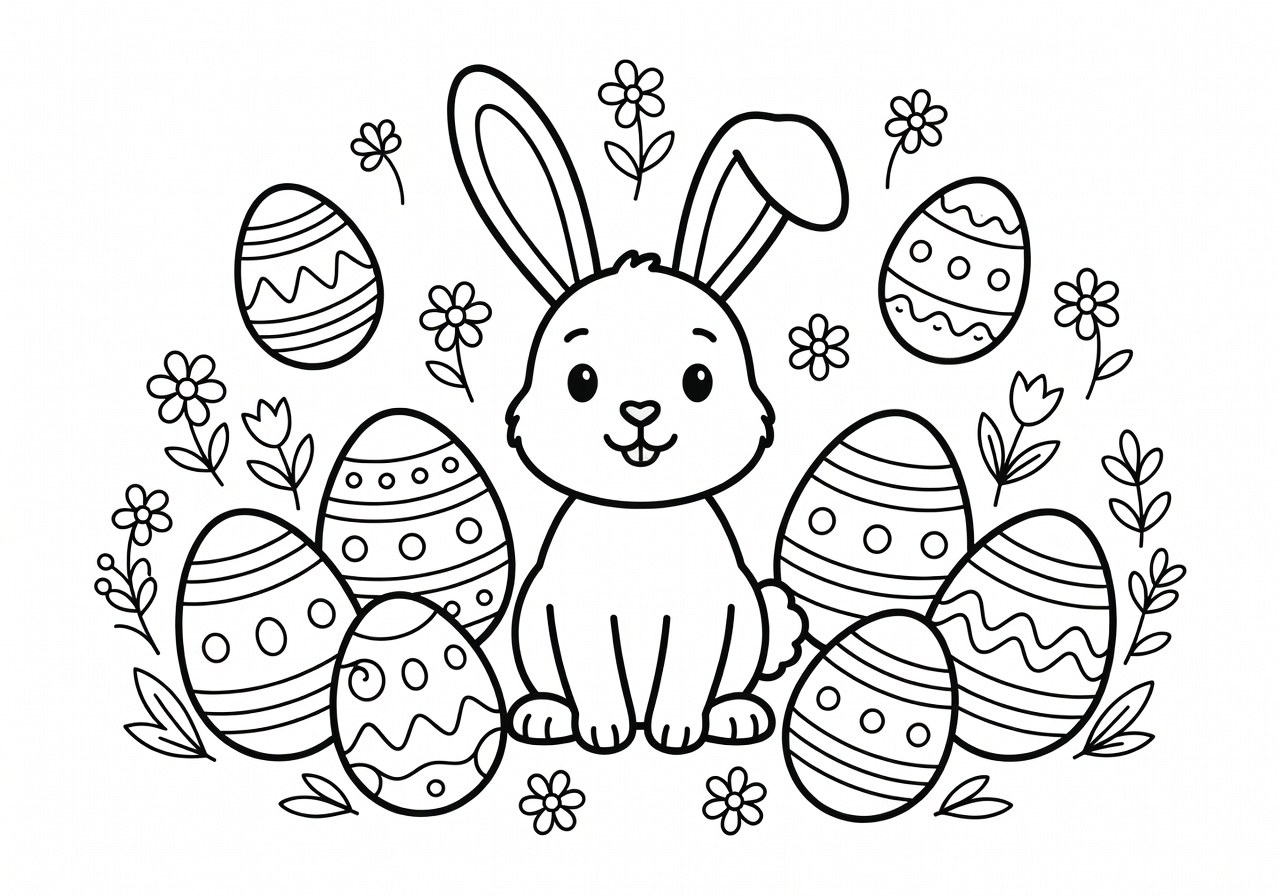 Dessin en noir et blanc pour coloriage de Pâques combinant œufs et lapins sans surcharge