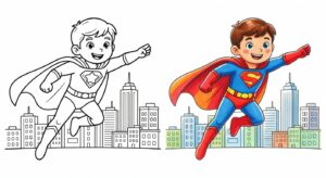 Coloriage de super-héros avec contrastes forts en action