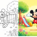 Illustration d'un coloriage Disney animé avec fond lumineux jaune et bleu