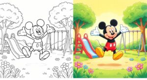 Illustration d'un coloriage Disney animé avec fond lumineux jaune et bleu