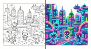 Illustration colorée de jeux et films avec couleurs néon vives
