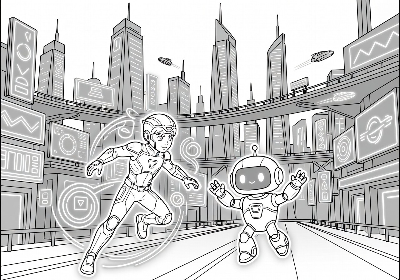 Dessin à colorier de scènes de jeux et films en noir et blanc